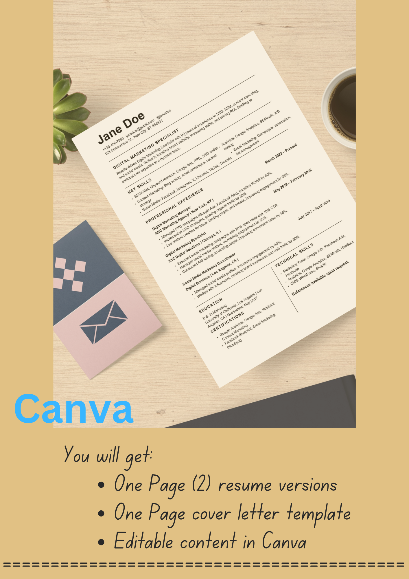 Digital Marketing Resume Template | ATS | Minimalistic | Easy Edit | Canva